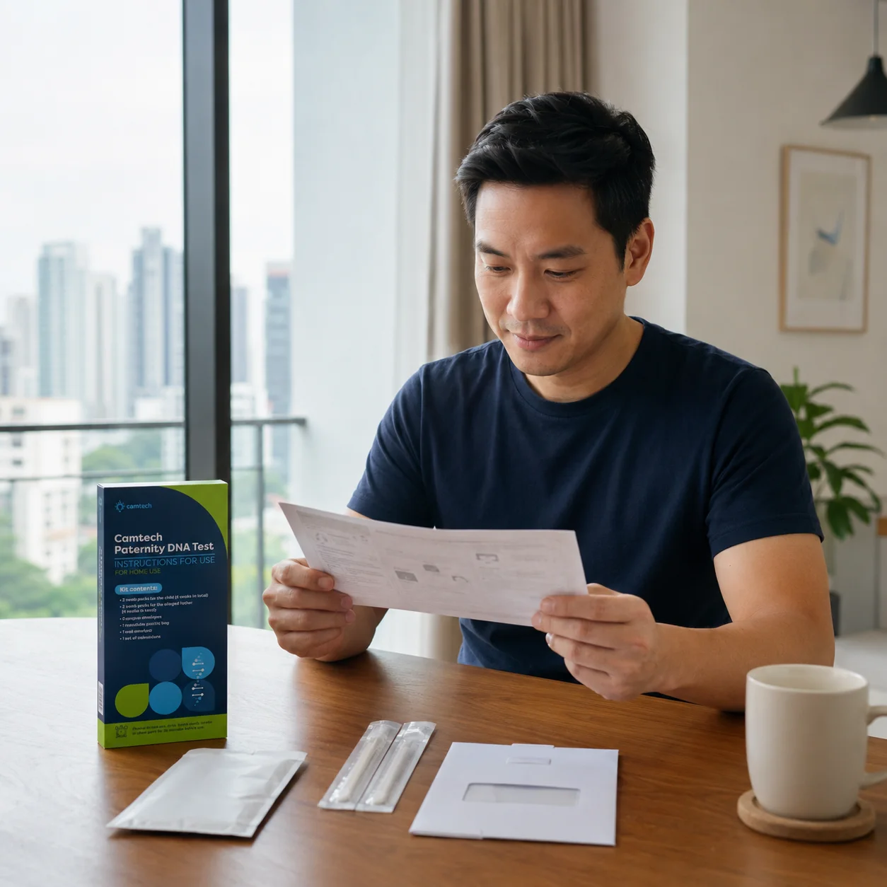 A person considering at-home paternity testing in a private, reflective setting