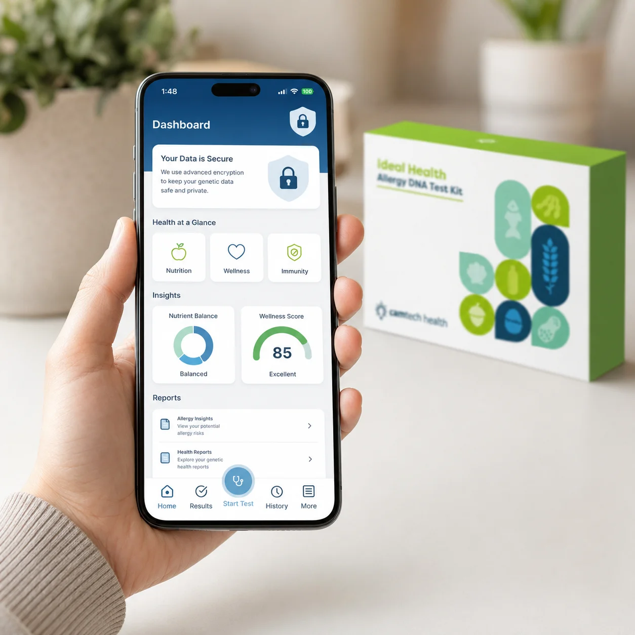 Person securely accessing encrypted DNA test results through a mobile health app.