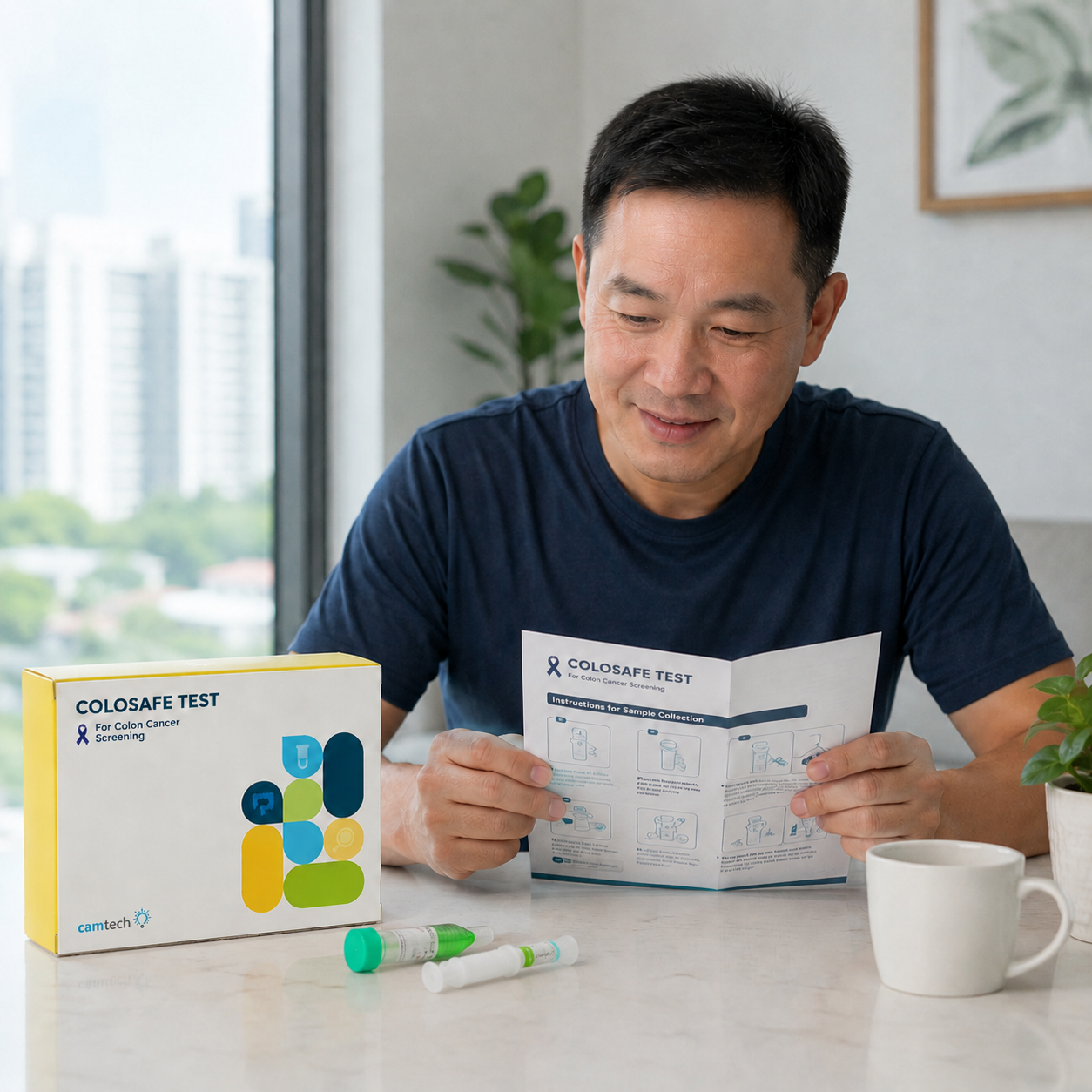 Adult reviewing Colosafe stool sample collection instructions at home.