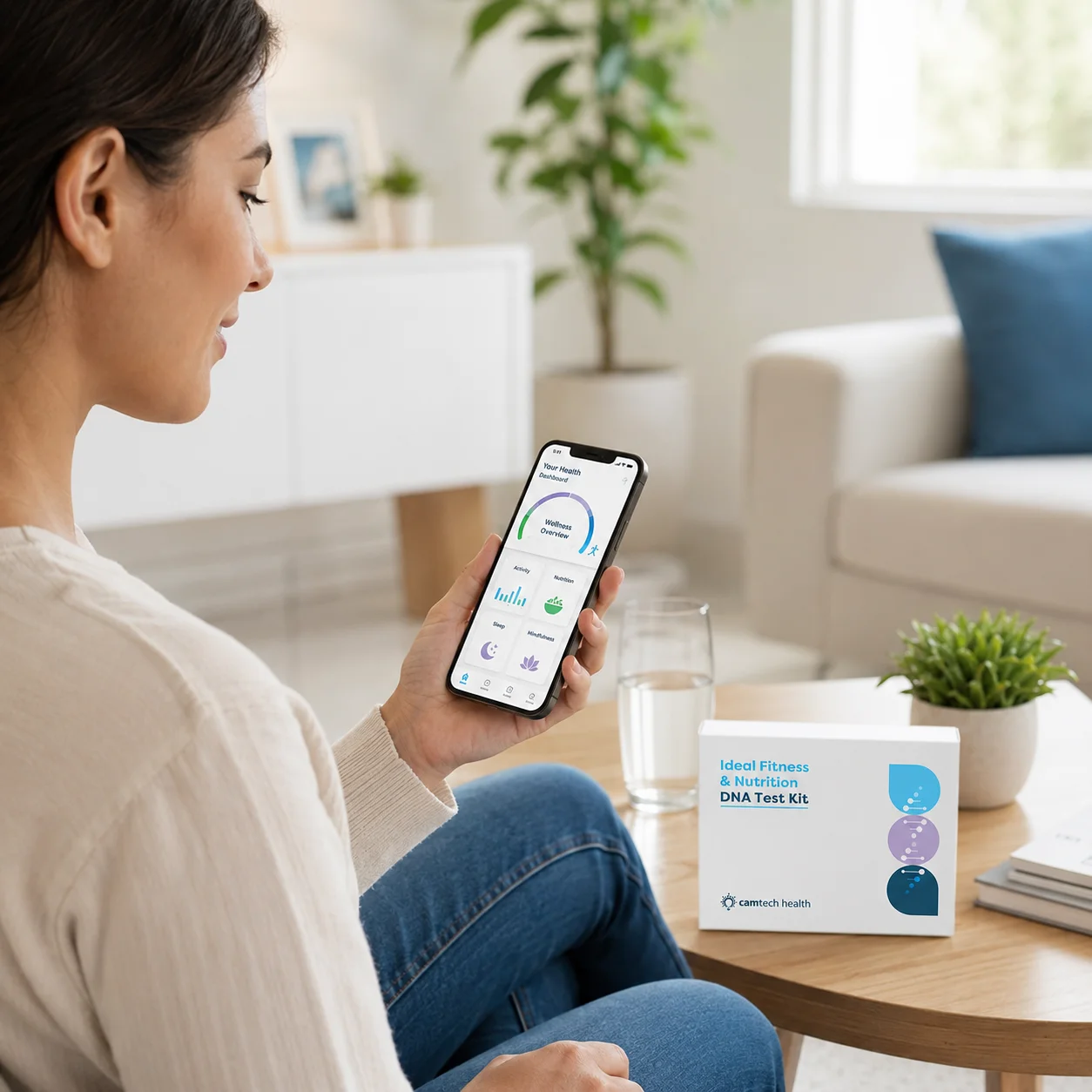 Person reviewing personalised fitness and nutrition DNA insights on the Camtech Health App.