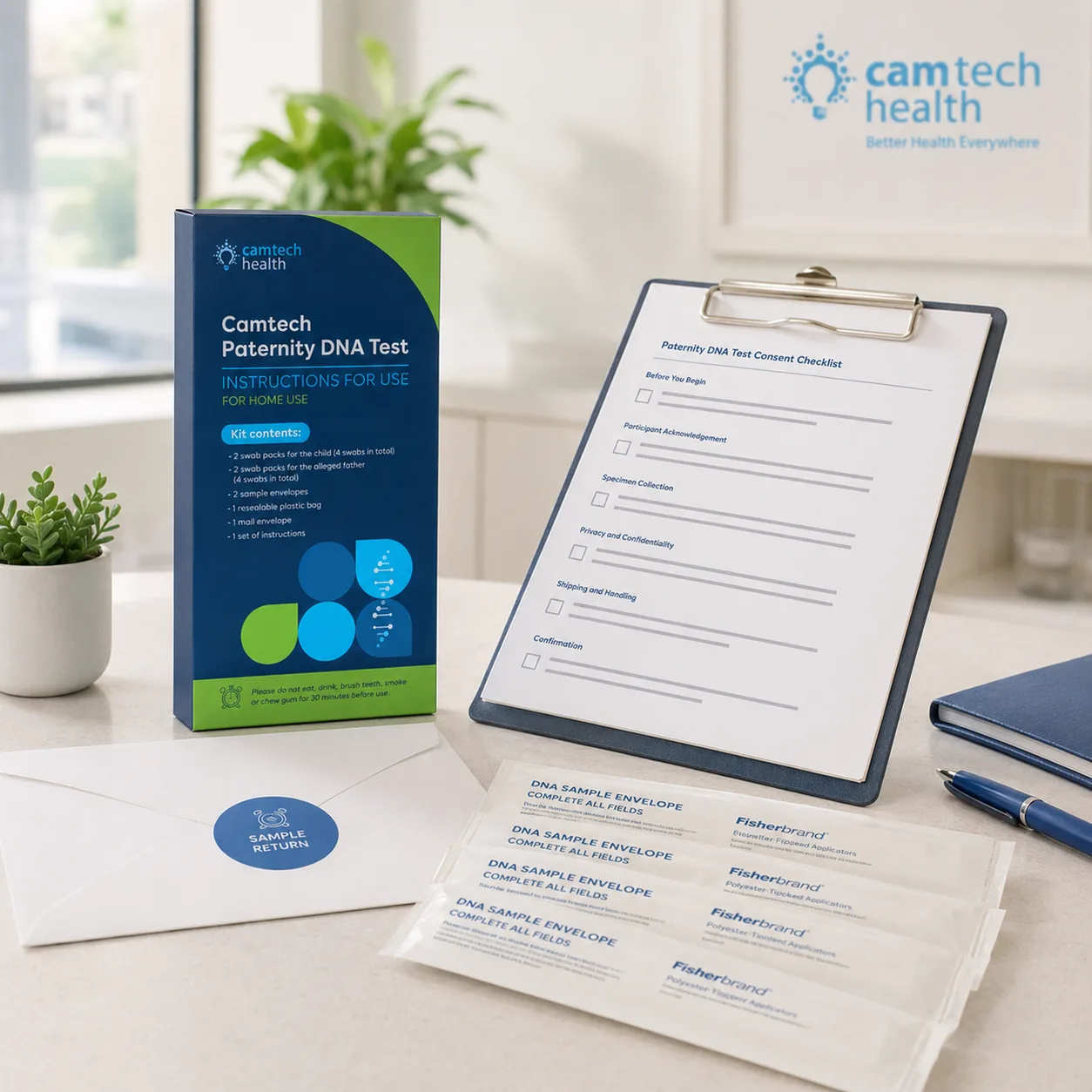 Consent checklist beside sealed DNA cheek swab packets and a sample return envelope