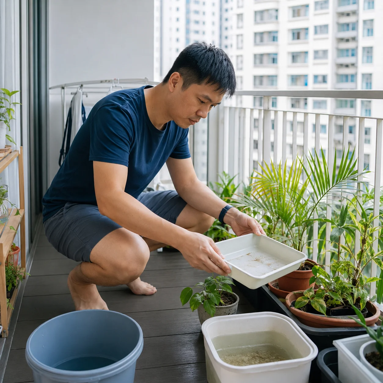 Man crouching on an HDB balcony emptying water from a plant tray beside potted plants and pails.