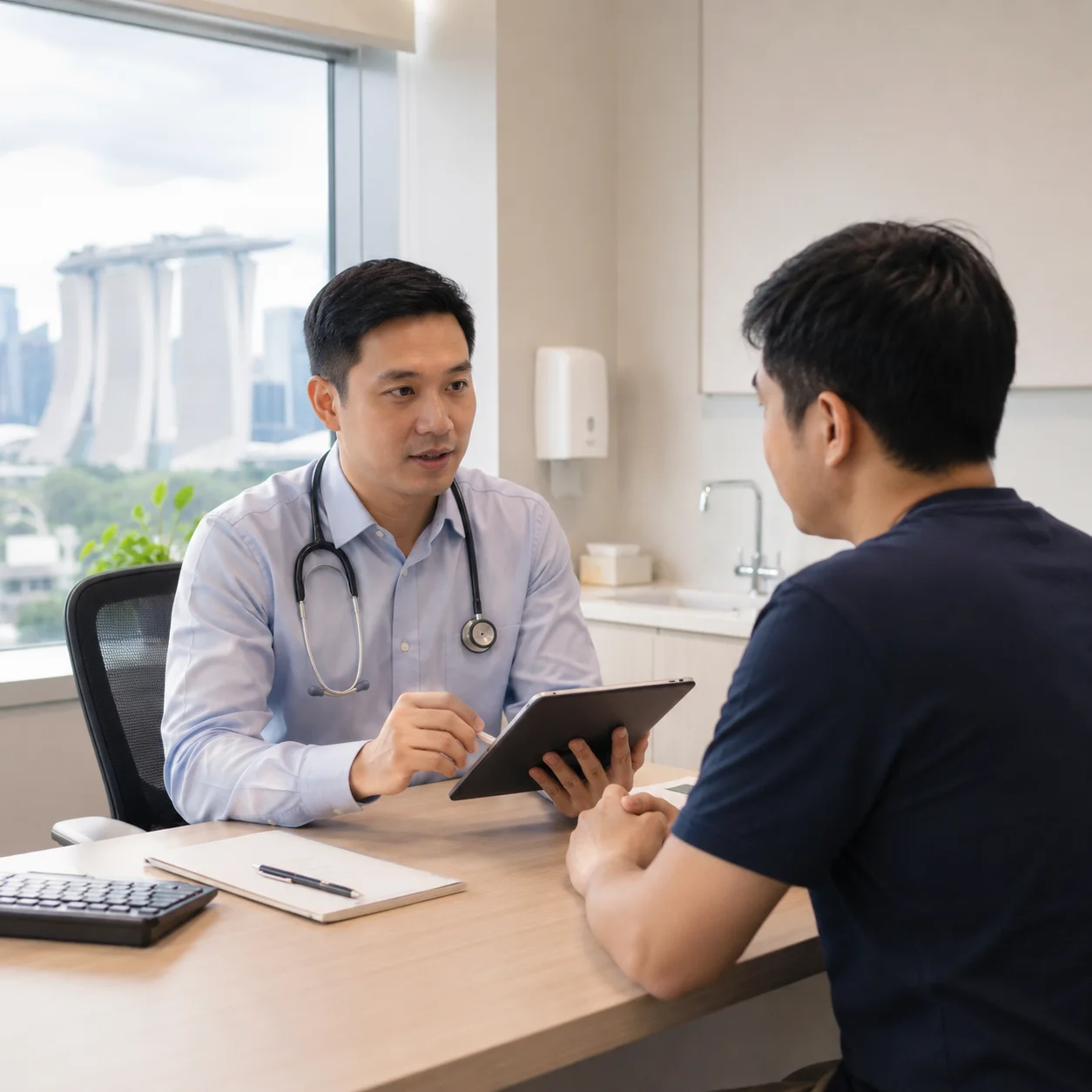 Doctor with a stethoscope discussing notes on a tablet with a patient in a Singapore clinic consultation room.