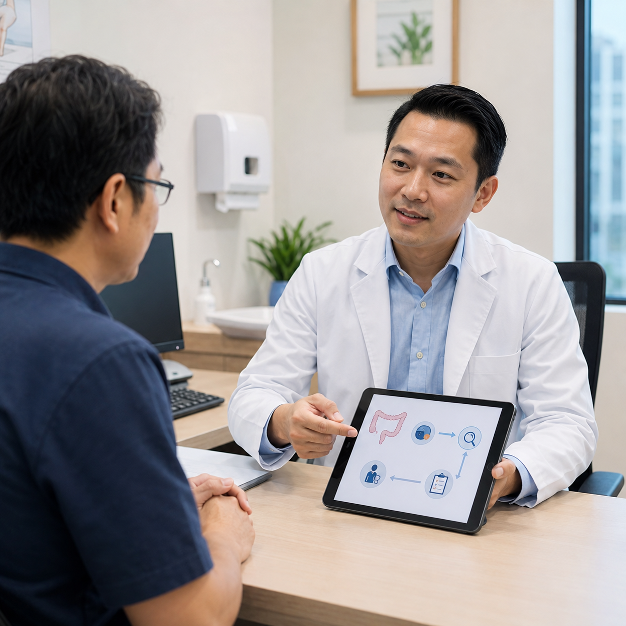 Doctor discussing colorectal screening follow-up with an adult patient.