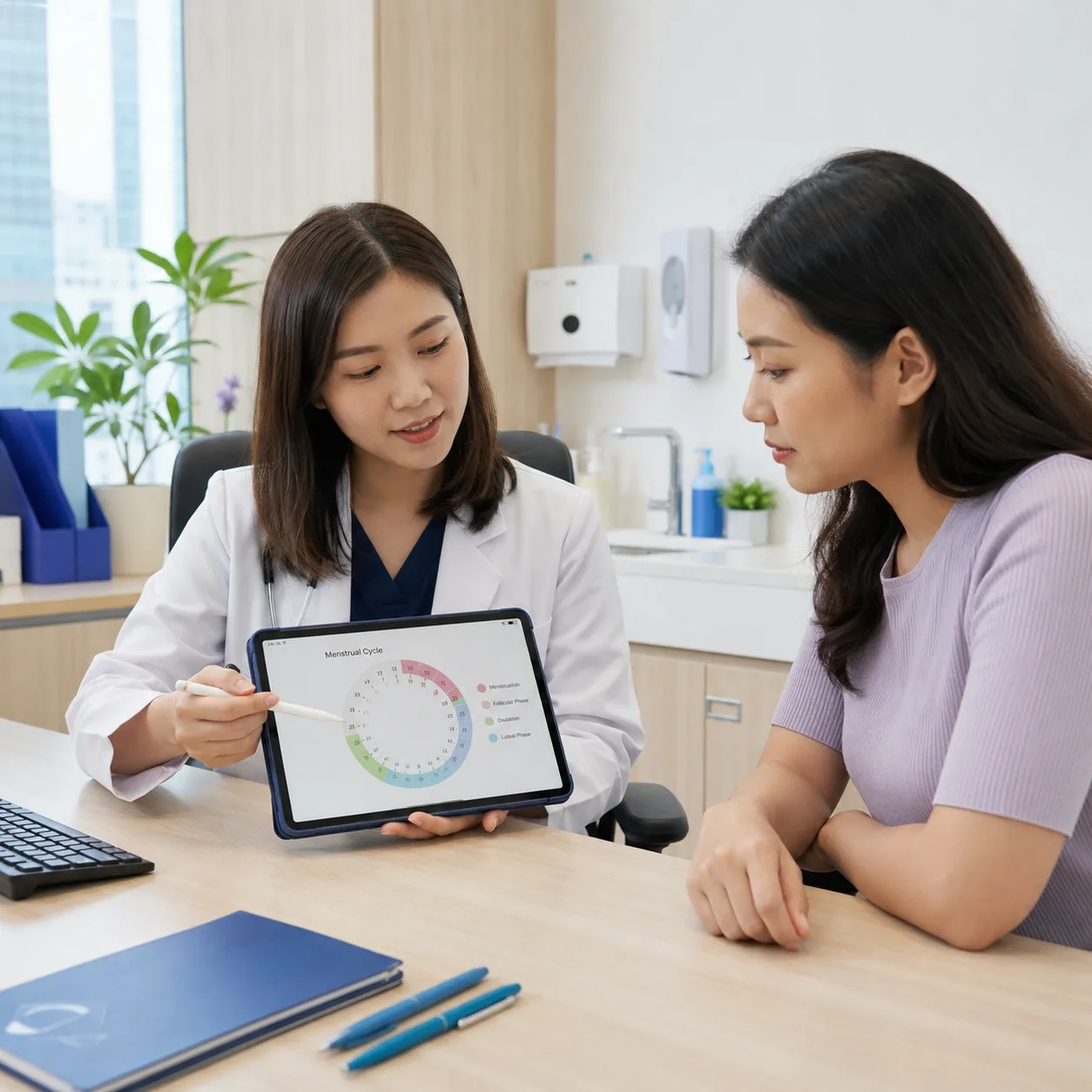 Doctor discussing menstrual cycle tracking with a patient in a Singapore clinic