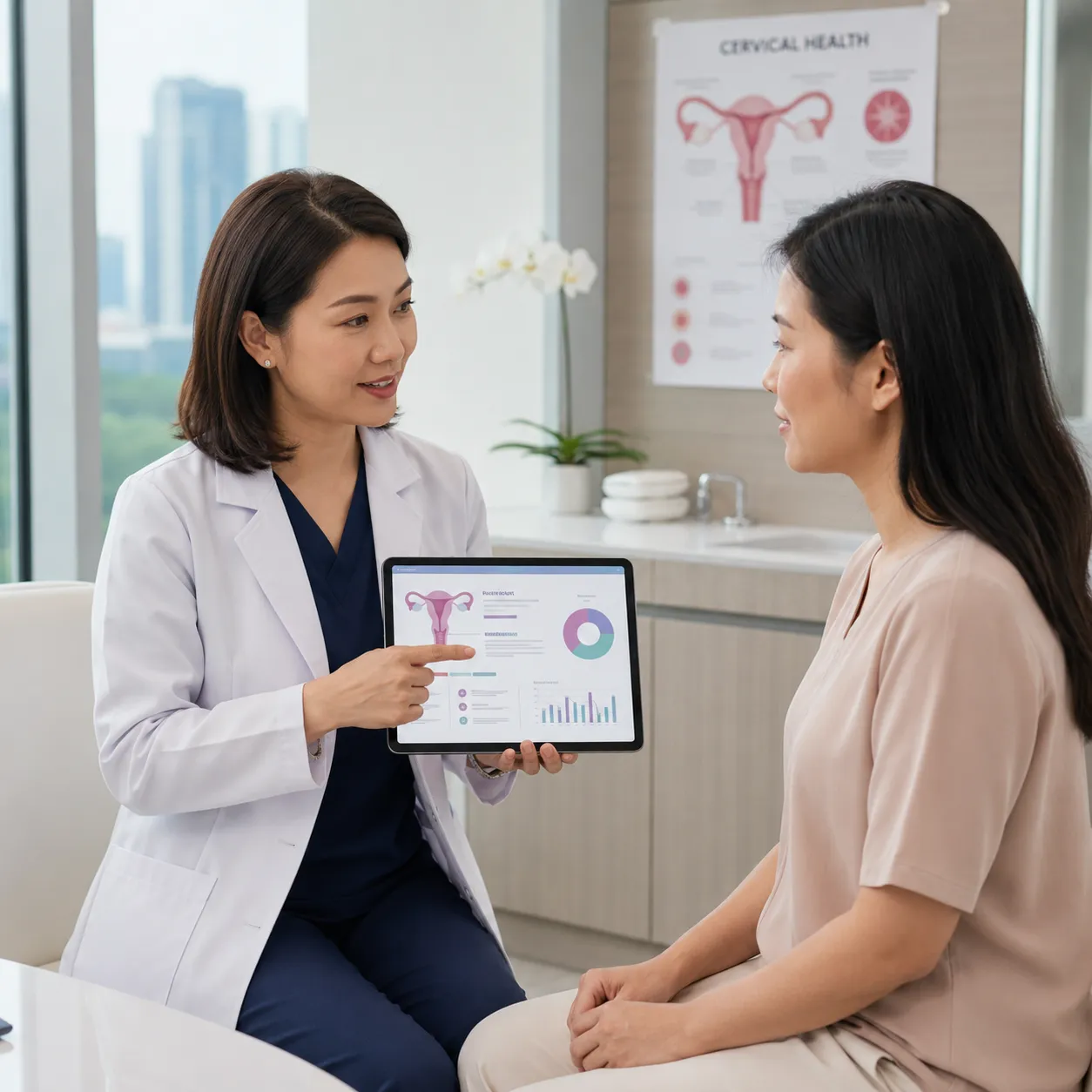 Doctor in a clinic consultation room using a tablet to explain cervical screening options to a patient, with a cervical health poster on the wall.