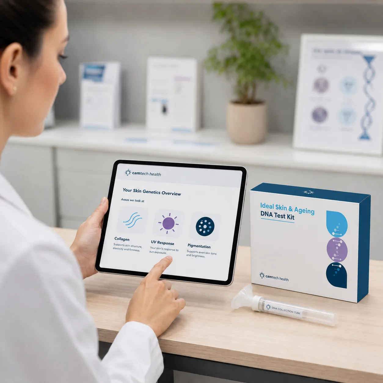 Healthcare professional reviewing a generic skin genetics report on a tablet beside a DNA test kit