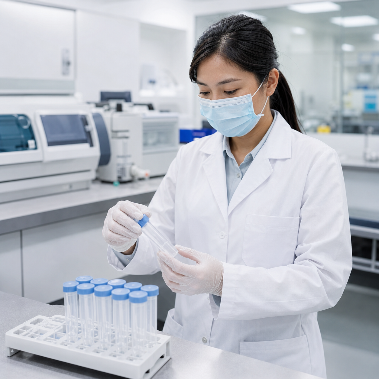 Laboratory professional handling sealed empty sample tubes in a modern laboratory.