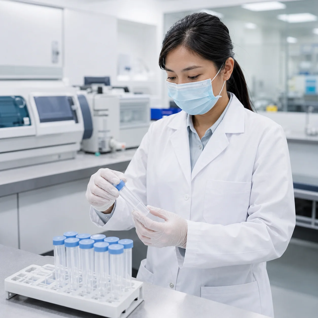 Laboratory professional handling sealed empty sample tubes in a modern laboratory.