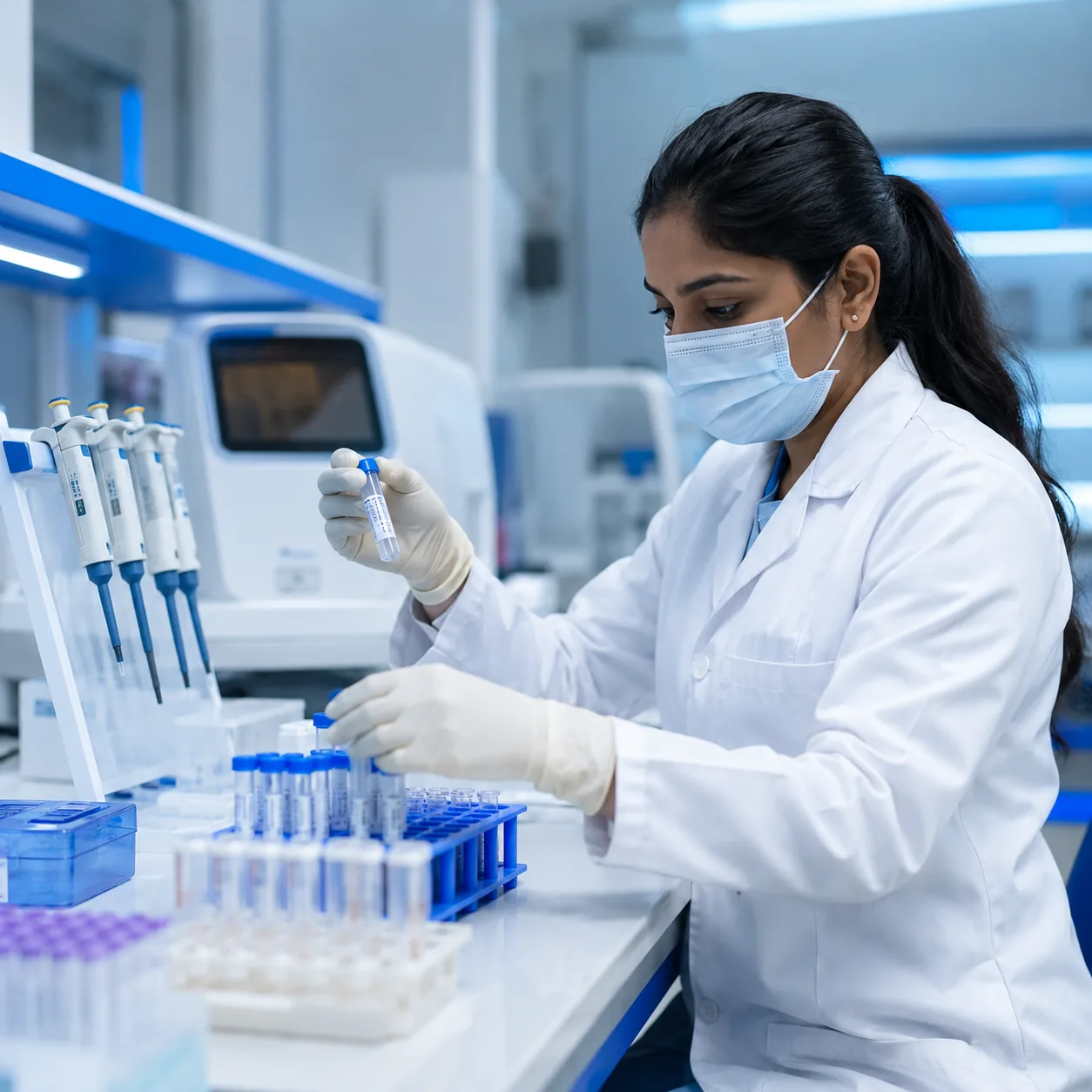 Laboratory scientist handling sample tubes in a clean modern diagnostic laboratory