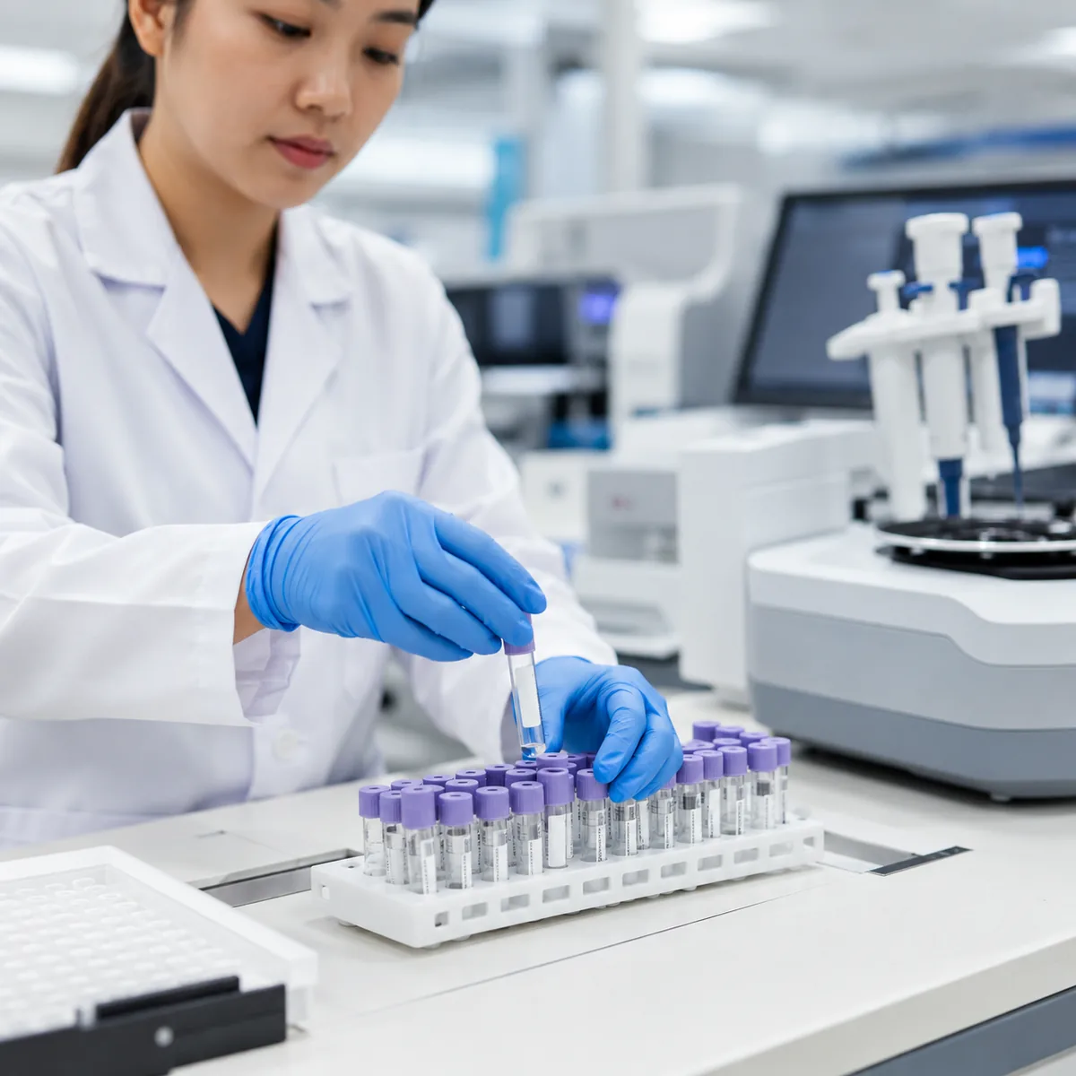 Laboratory technician in a white coat and blue gloves handling a rack of prepared DNA sample tubes beside analysis equipment.