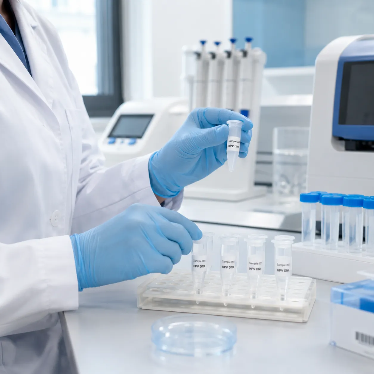 Laboratory technician in a white coat and blue gloves holding a labelled HPV DNA sample tube above a rack of prepared samples.
