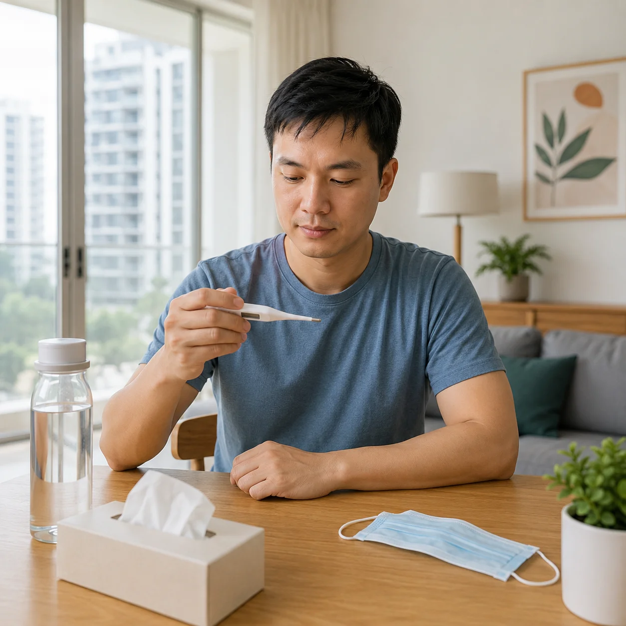 Man at a dining table reading a digital thermometer, with a water bottle, tissues and a face mask beside him.