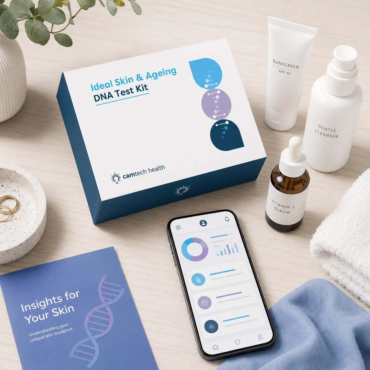 Personalised skincare setup with sunscreen, smartphone dashboard and DNA test kit