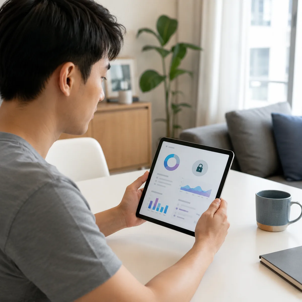 Man sitting at a table at home reviewing health data and privacy settings on a tablet.