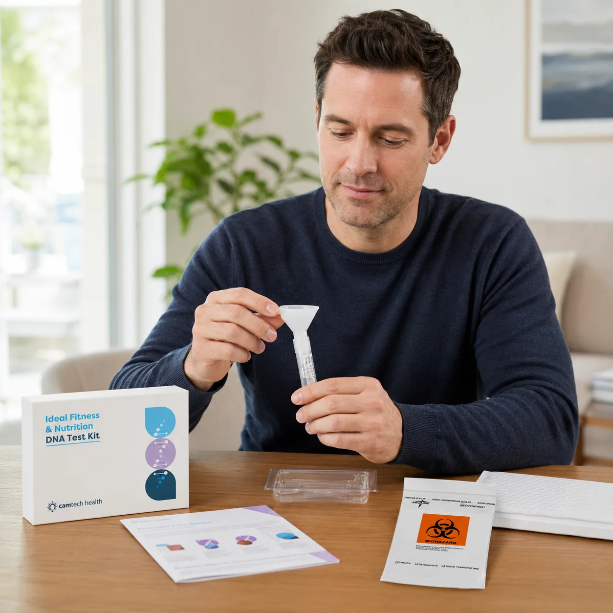 Person collecting a saliva sample at home using a self-sampling DNA collection kit.