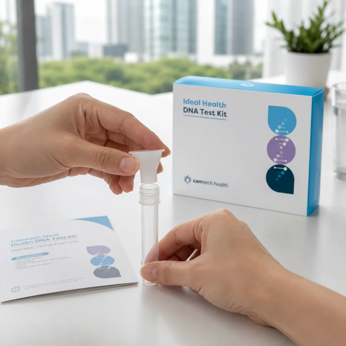 Person holding a saliva collection funnel and tube beside an IDEAL Health DNA Test Kit box and its instruction leaflet on a table.