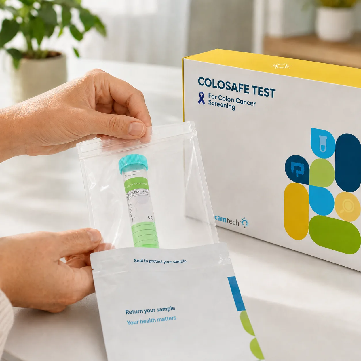 Hands placing a sealed sample tube into a protective return pouch beside an at-home test kit box