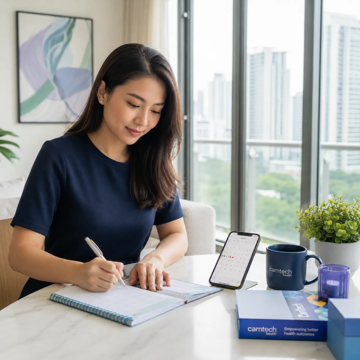 Woman recording menstrual cycle dates at home for ovulation tracking in Singapore