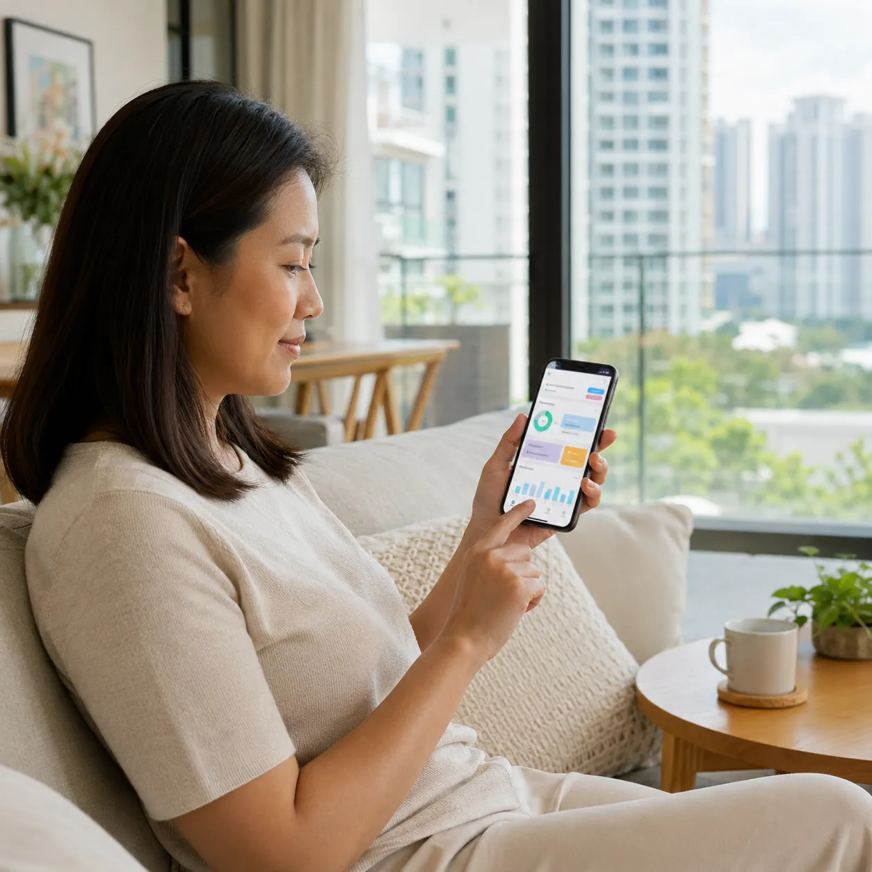 Woman sitting on a sofa at home reviewing her health test results on a smartphone app.
