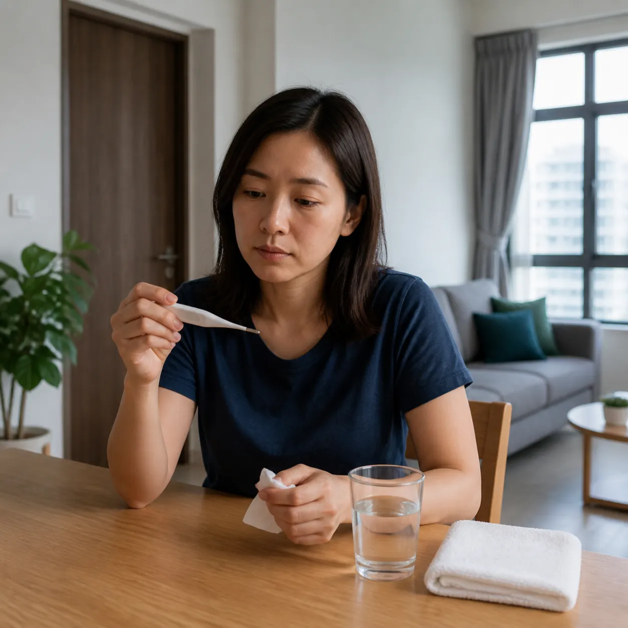 Adult checking a temperature at home while considering respiratory symptoms