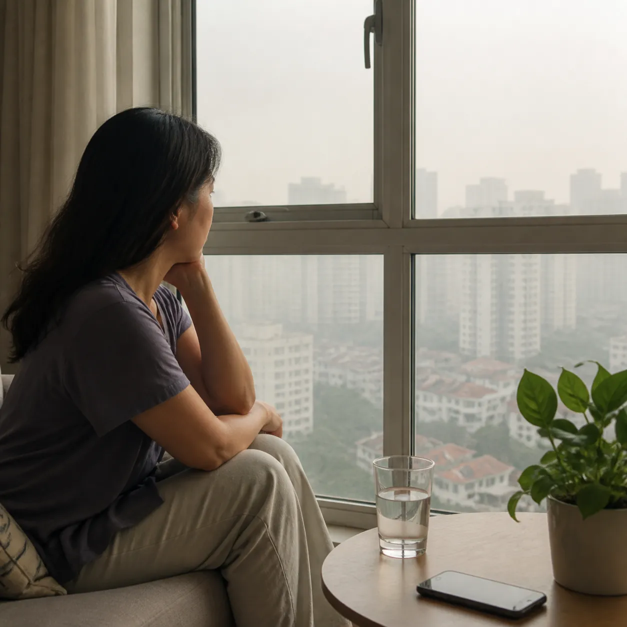 Adult looking out of a window at a hazy Singapore city view