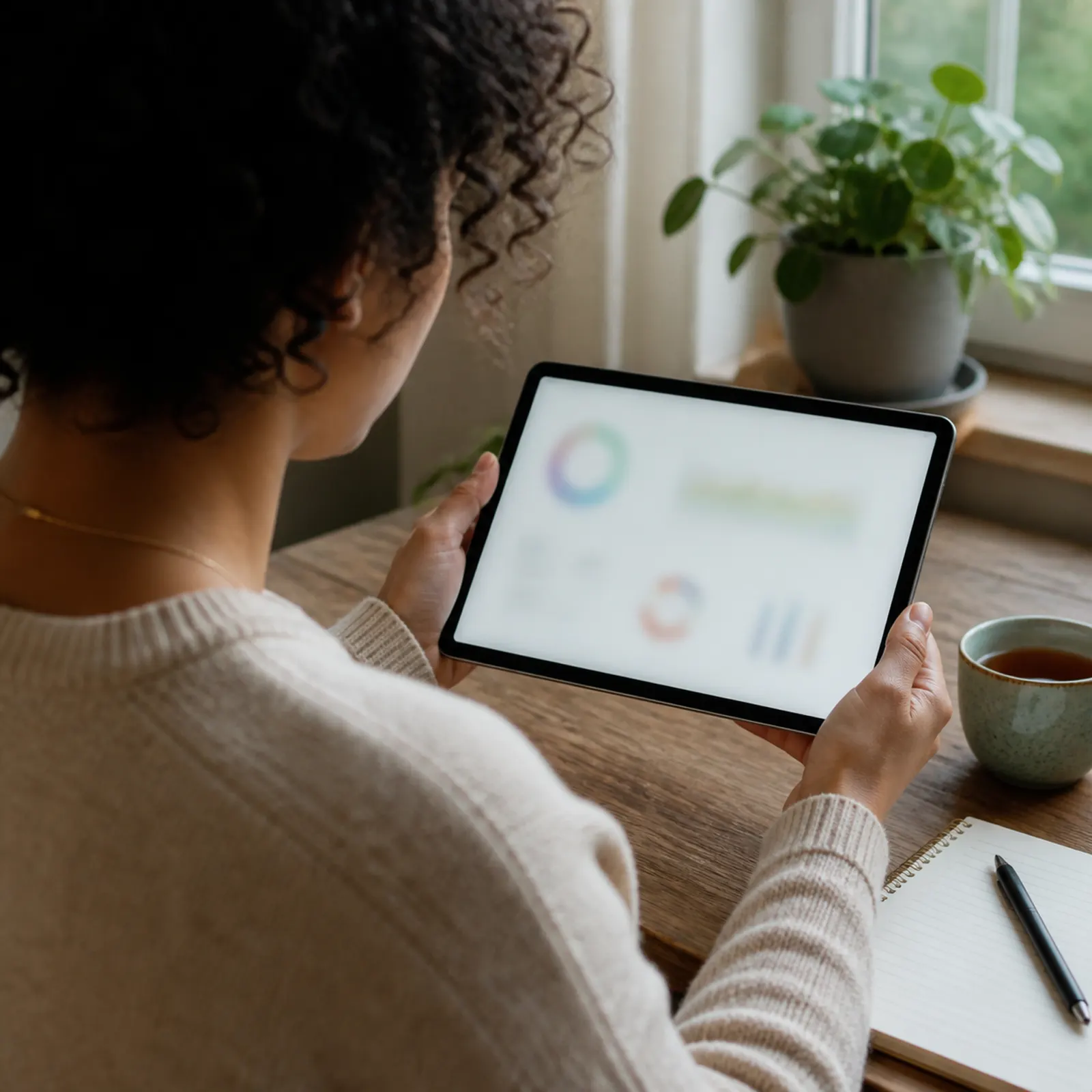 Adult reviewing an intentionally out-of-focus health report on an unbranded tablet