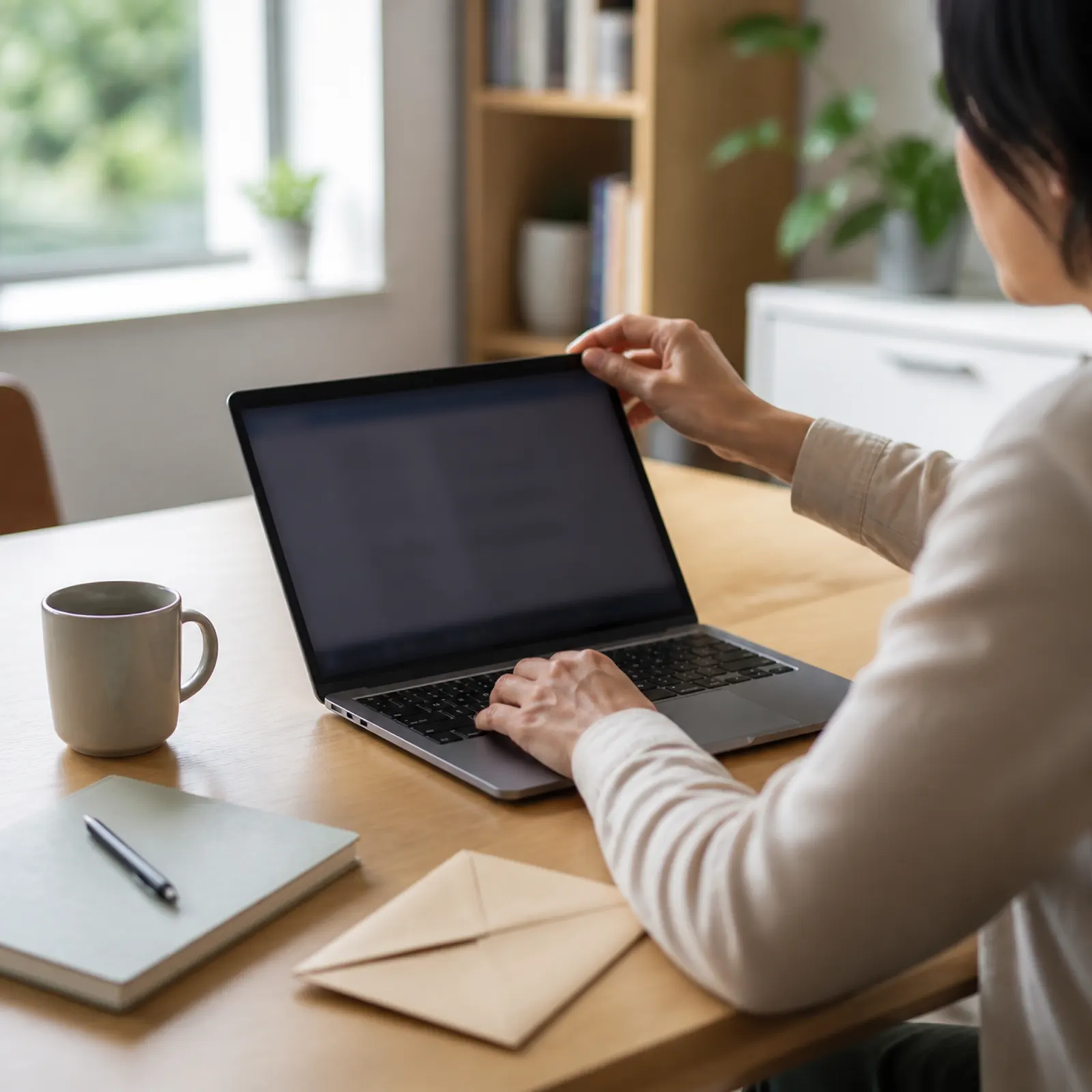 Adult reviewing a blurred laptop screen beside a notebook and closed envelope