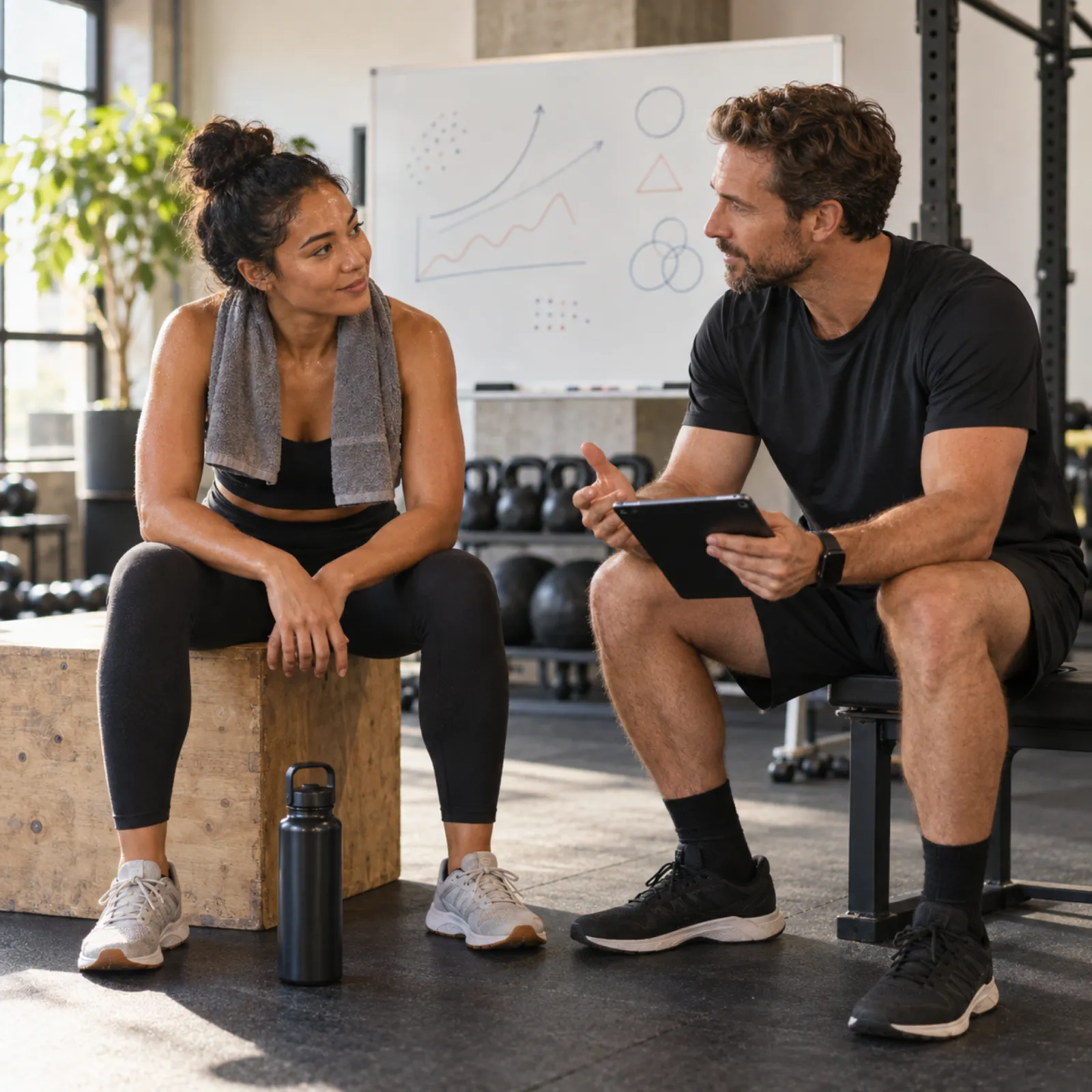 Coach and athlete discussing a personalised training plan in a modern gym