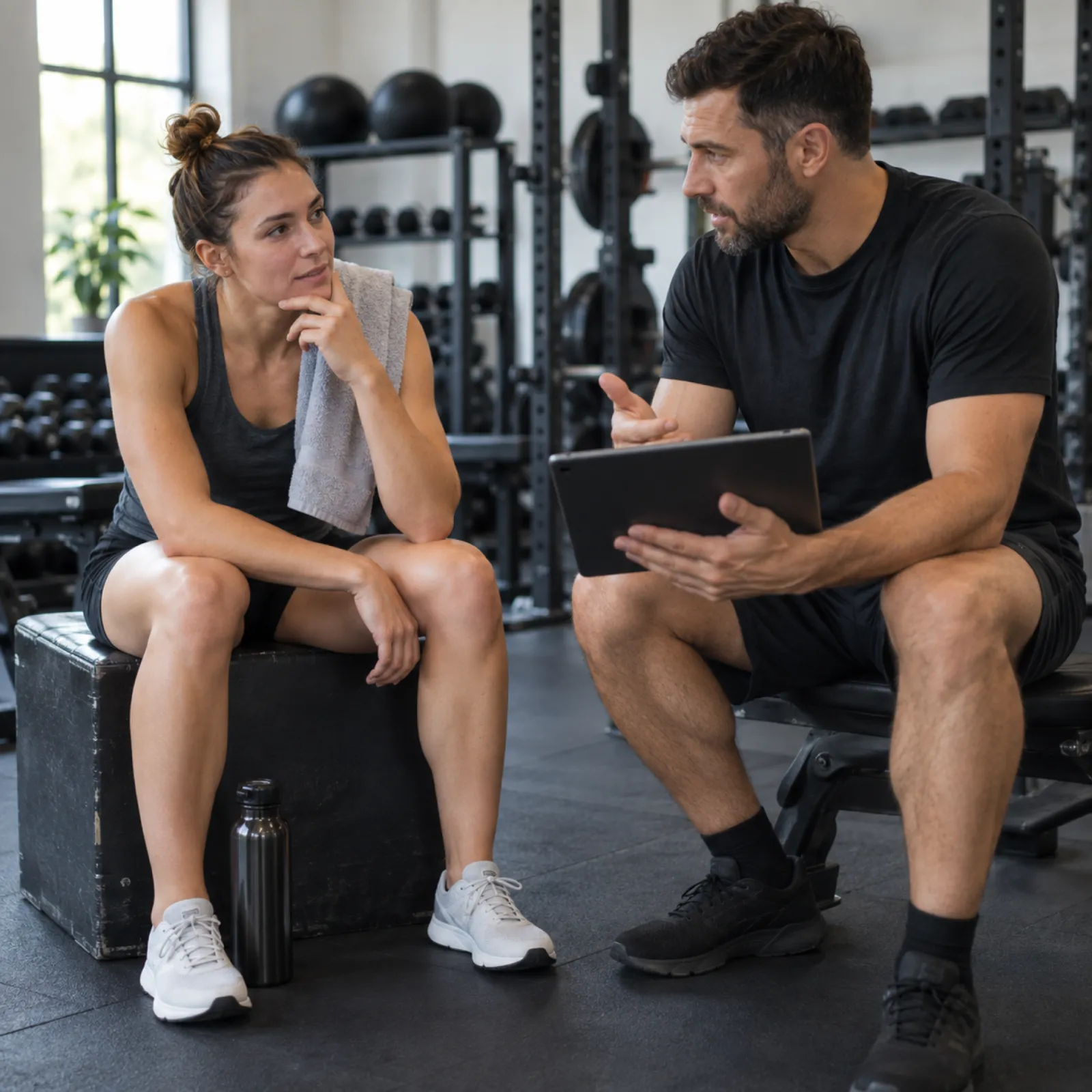 Fitness coach with a tablet discussing a recovery and training plan with an athlete in a gym