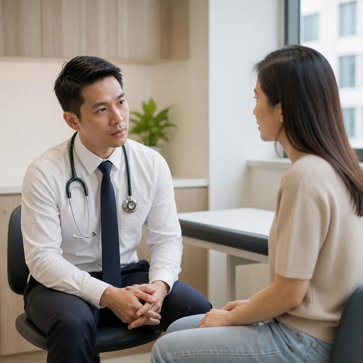 Doctor listening to an adult patient during a calm Singapore clinic consultation
