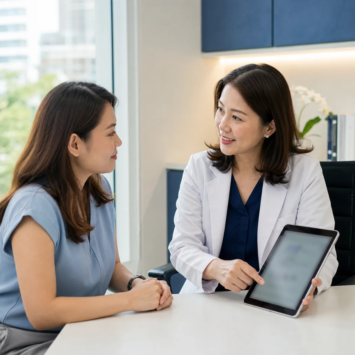 Healthcare professional in a white coat showing test results on a tablet to a patient in a consultation room