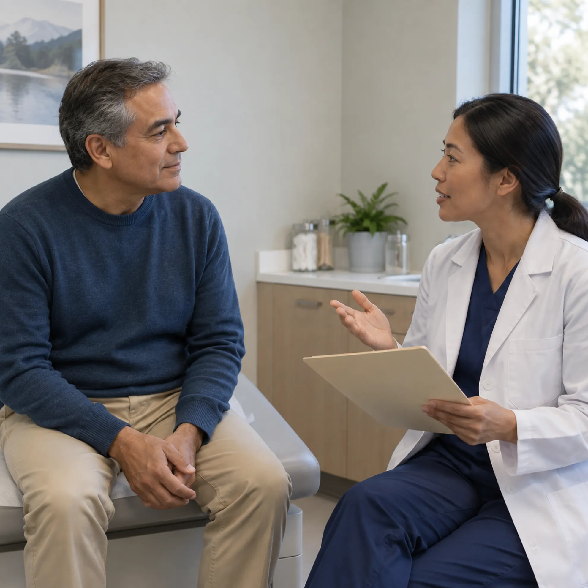 Doctor with a clipboard talking with a middle-aged man seated in a bright consultation room