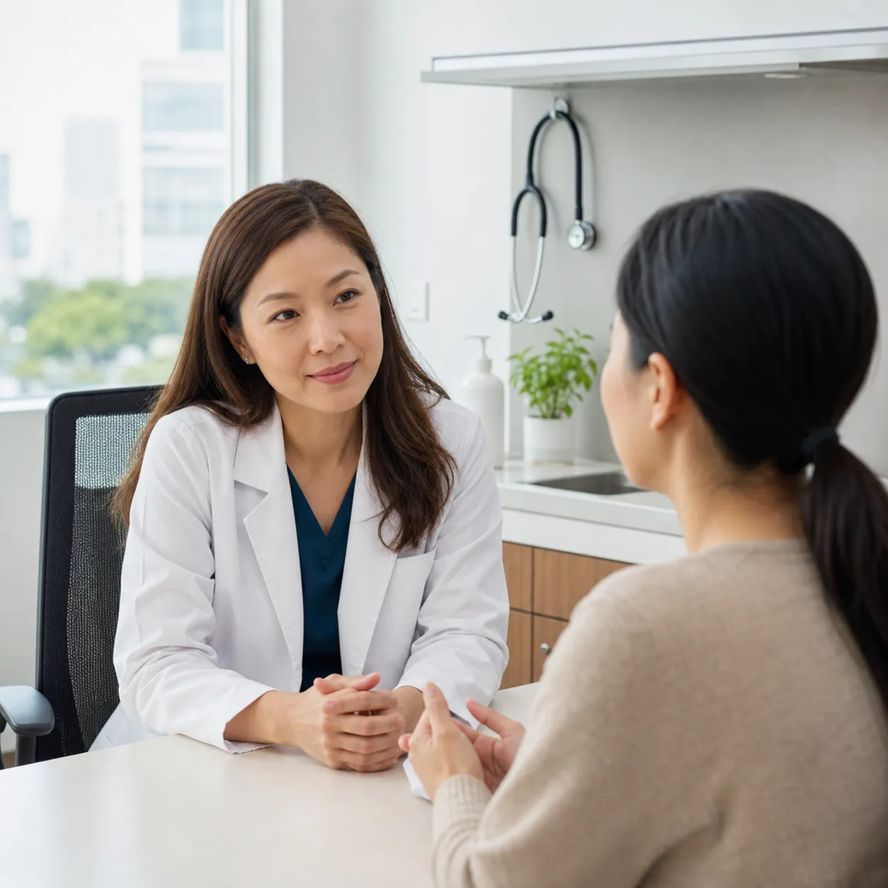 Doctor in a Singapore clinic consulting room speaking with a patient about her symptoms