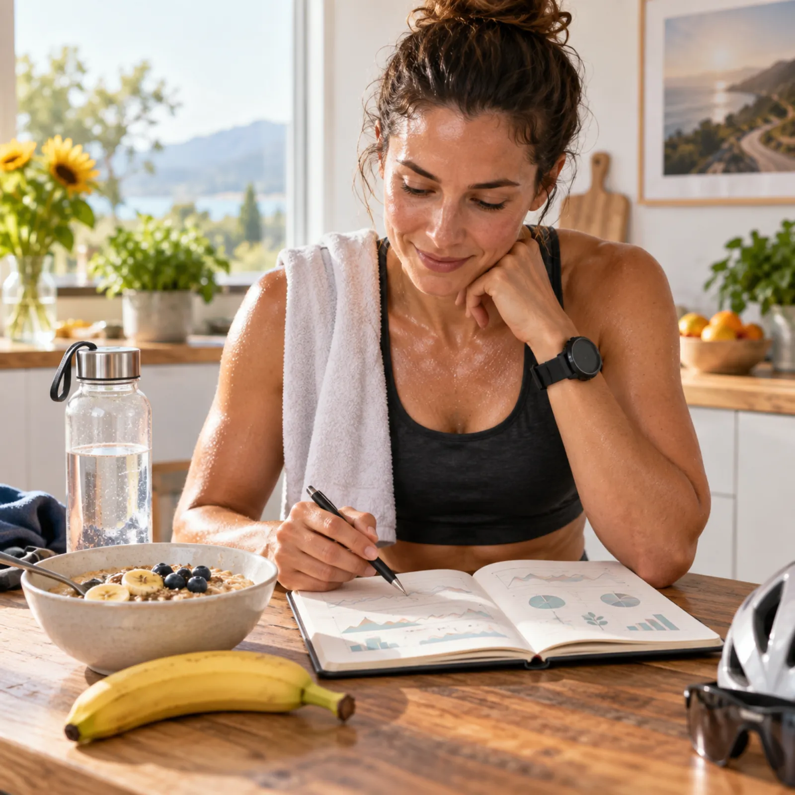 Endurance athlete reviewing a training journal beside a simple recovery meal