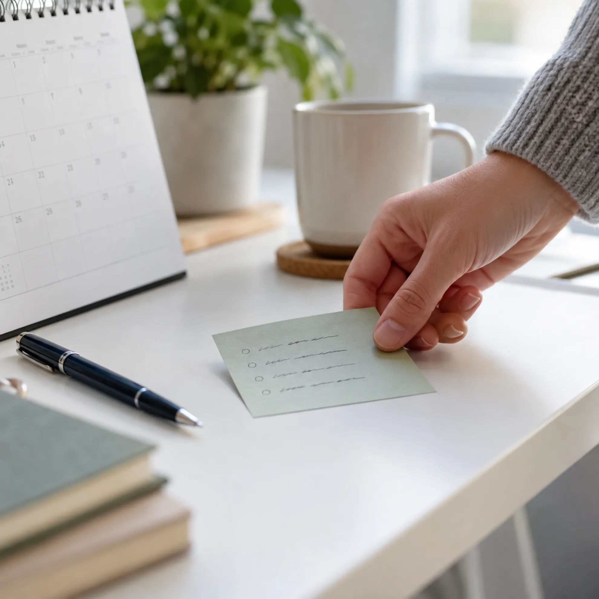Hand placing a small checklist note on a tidy desk beside a desk calendar, pen and mug
