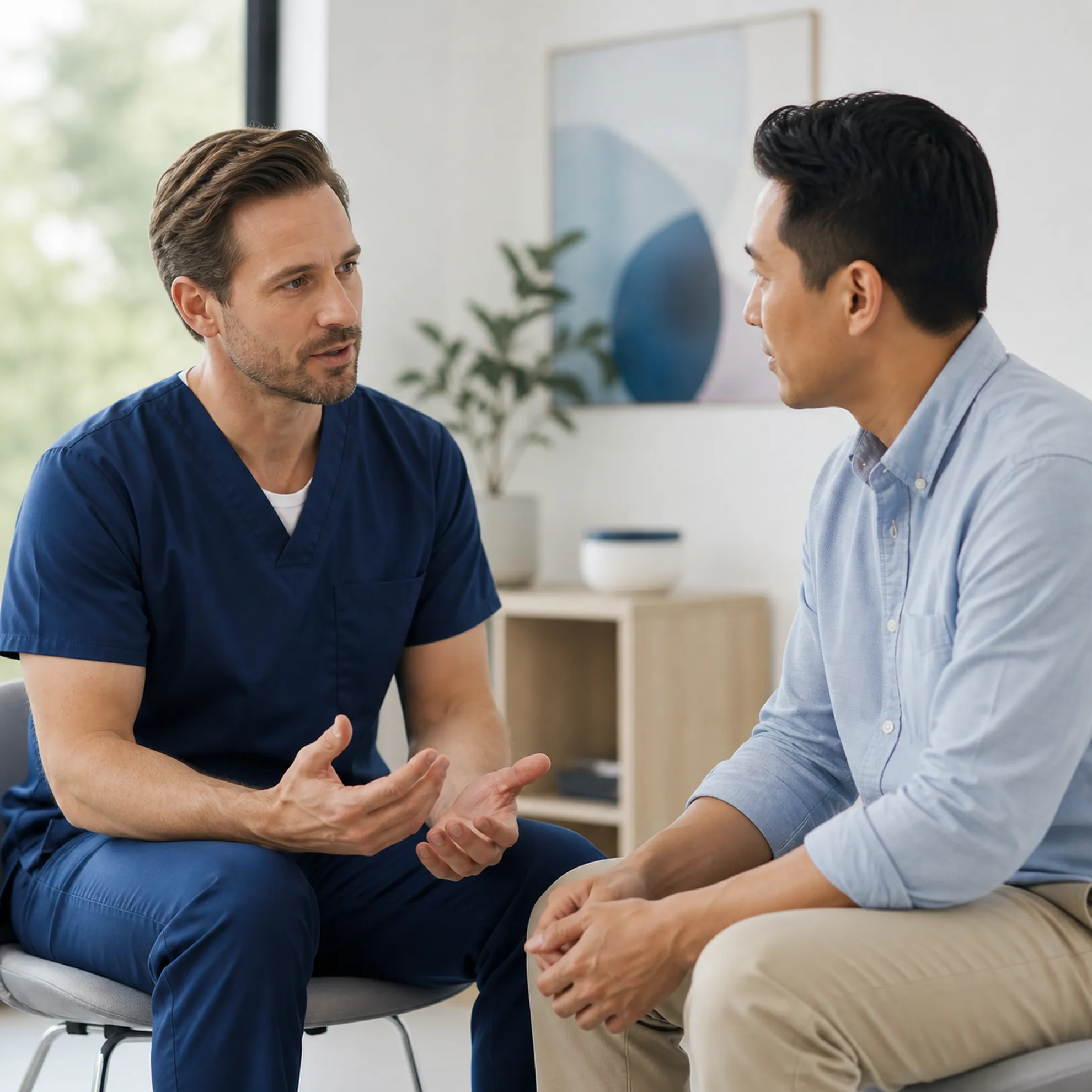 Healthcare professional and adult patient having a calm conversation in a bright consultation room