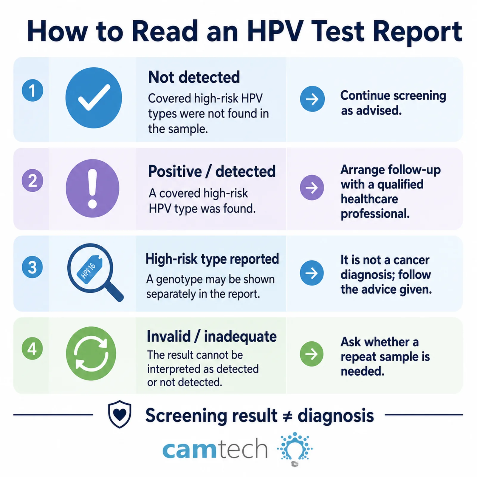 Infographic explaining four common HPV test report labels and their next steps