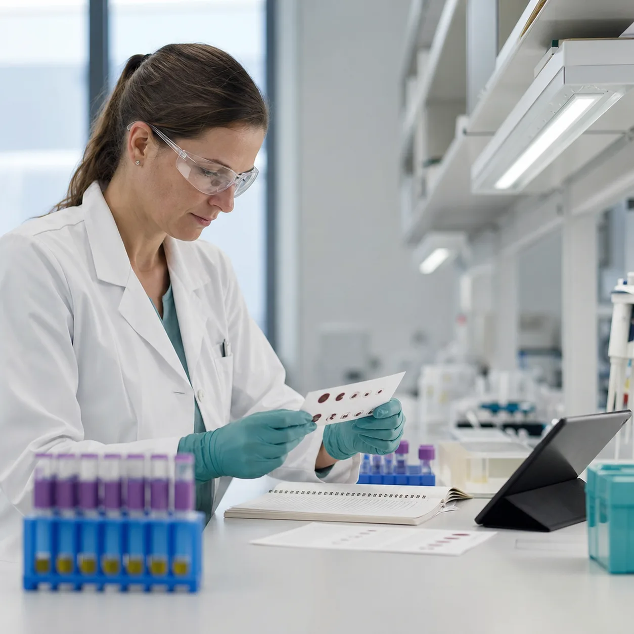 Laboratory scientist in a lab coat examining a dried blood spot collection card
