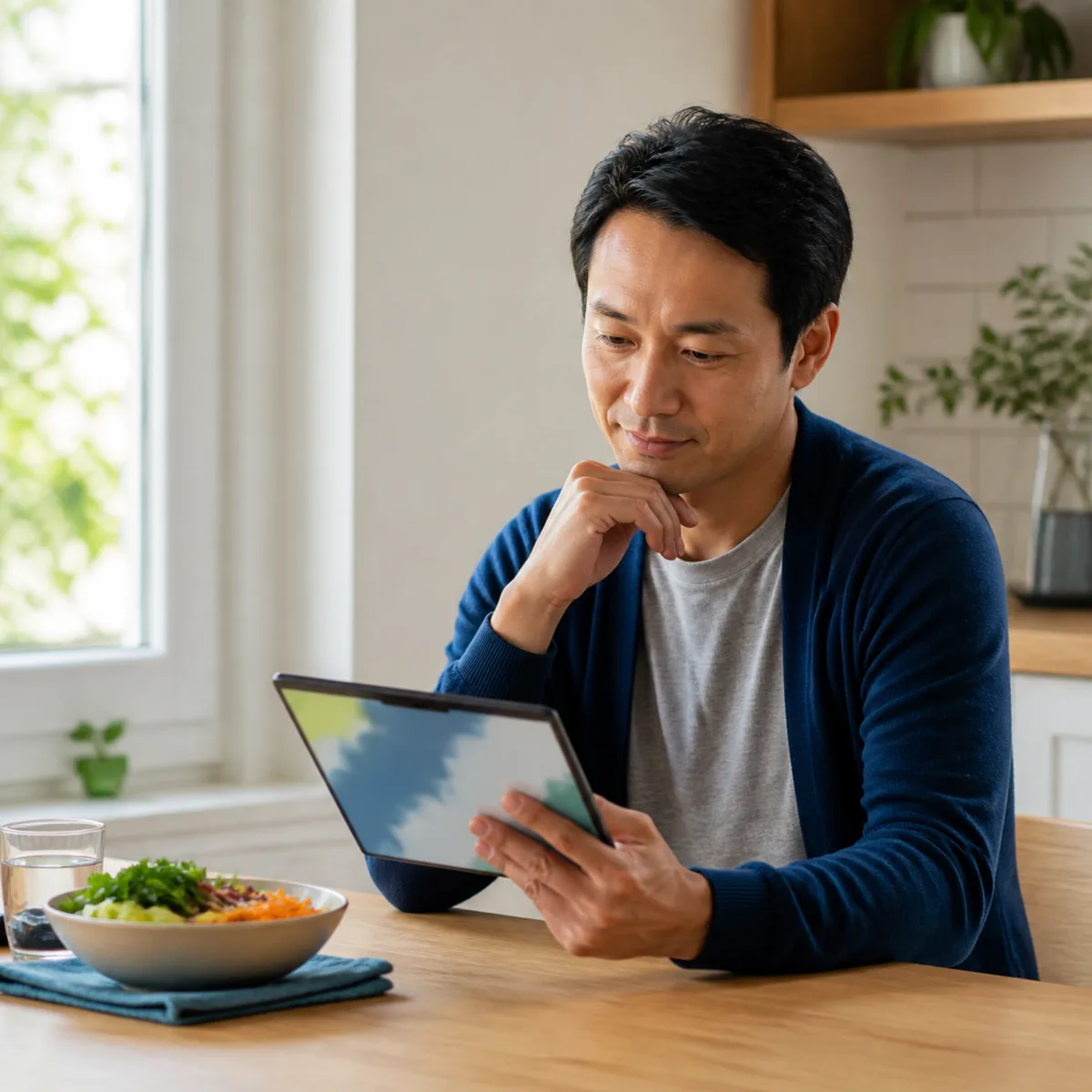 Man at a kitchen table reading a health report on a tablet beside a bowl of salad