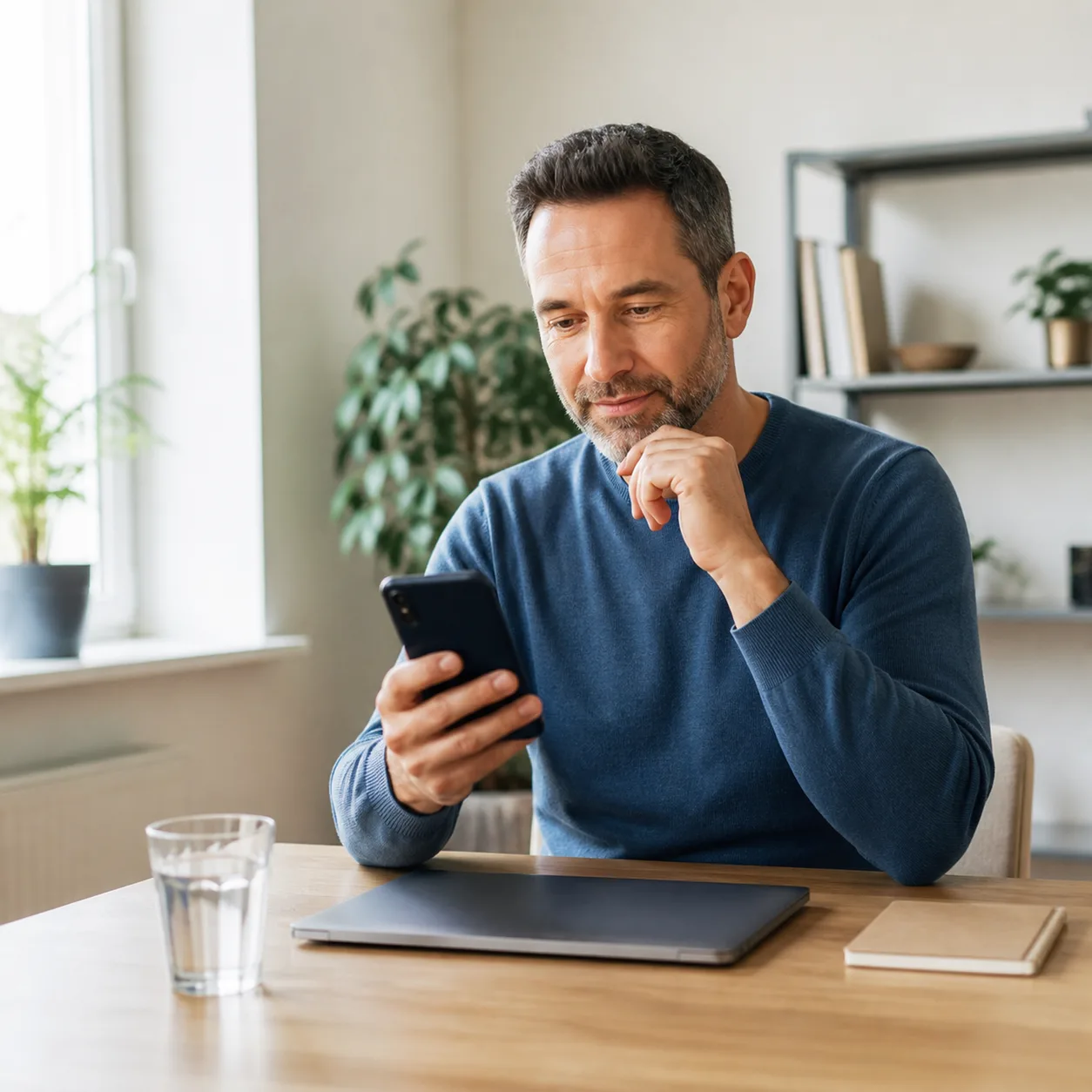 Man at a home desk reviewing a health test result on his phone