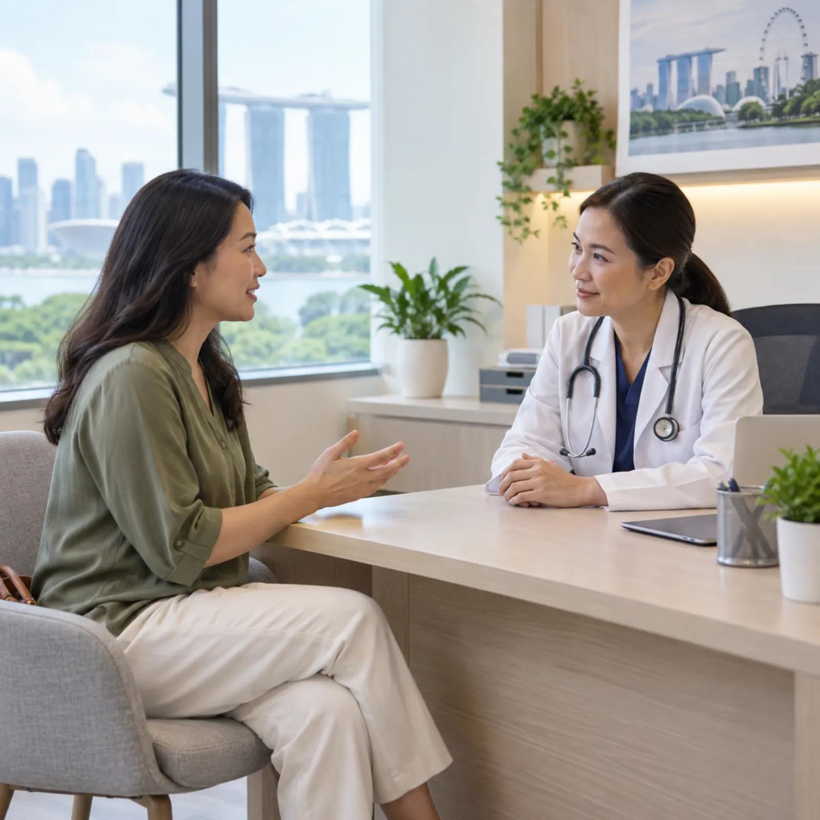 Patient speaking with a clinician in a bright Singapore clinic consultation room