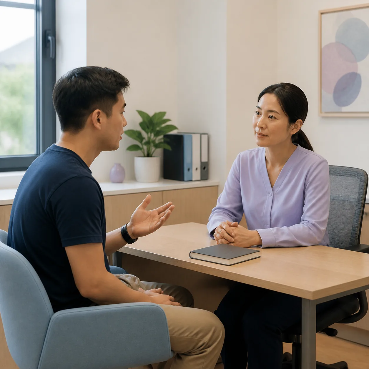 Adult patient discussing a screening question with a healthcare professional