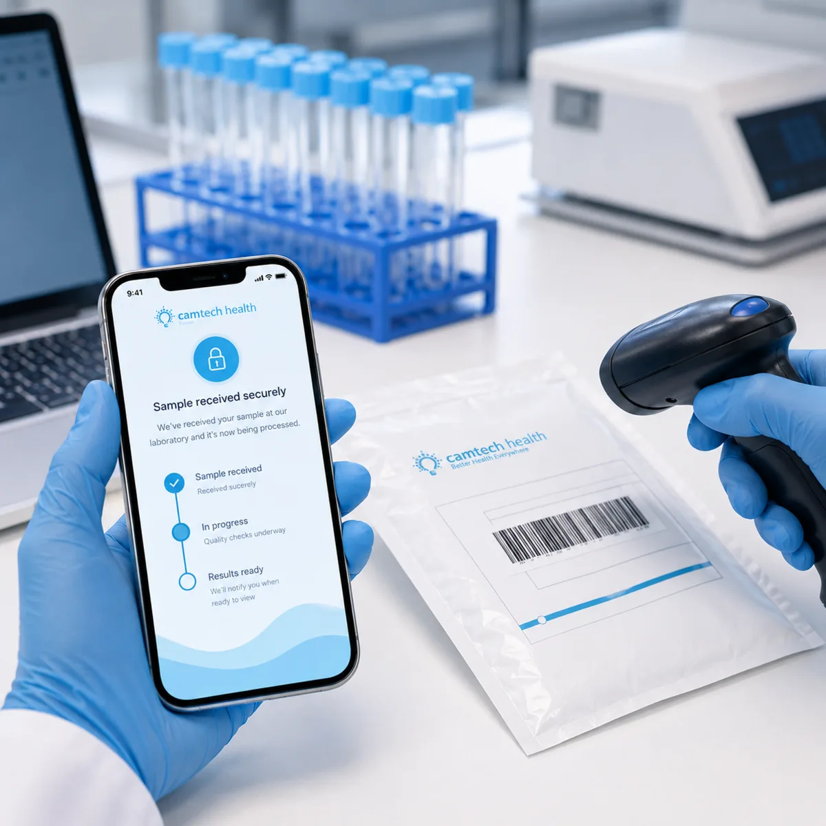 Gloved laboratory hands scanning the barcode on a sealed sample return package beside a phone showing secure sample tracking