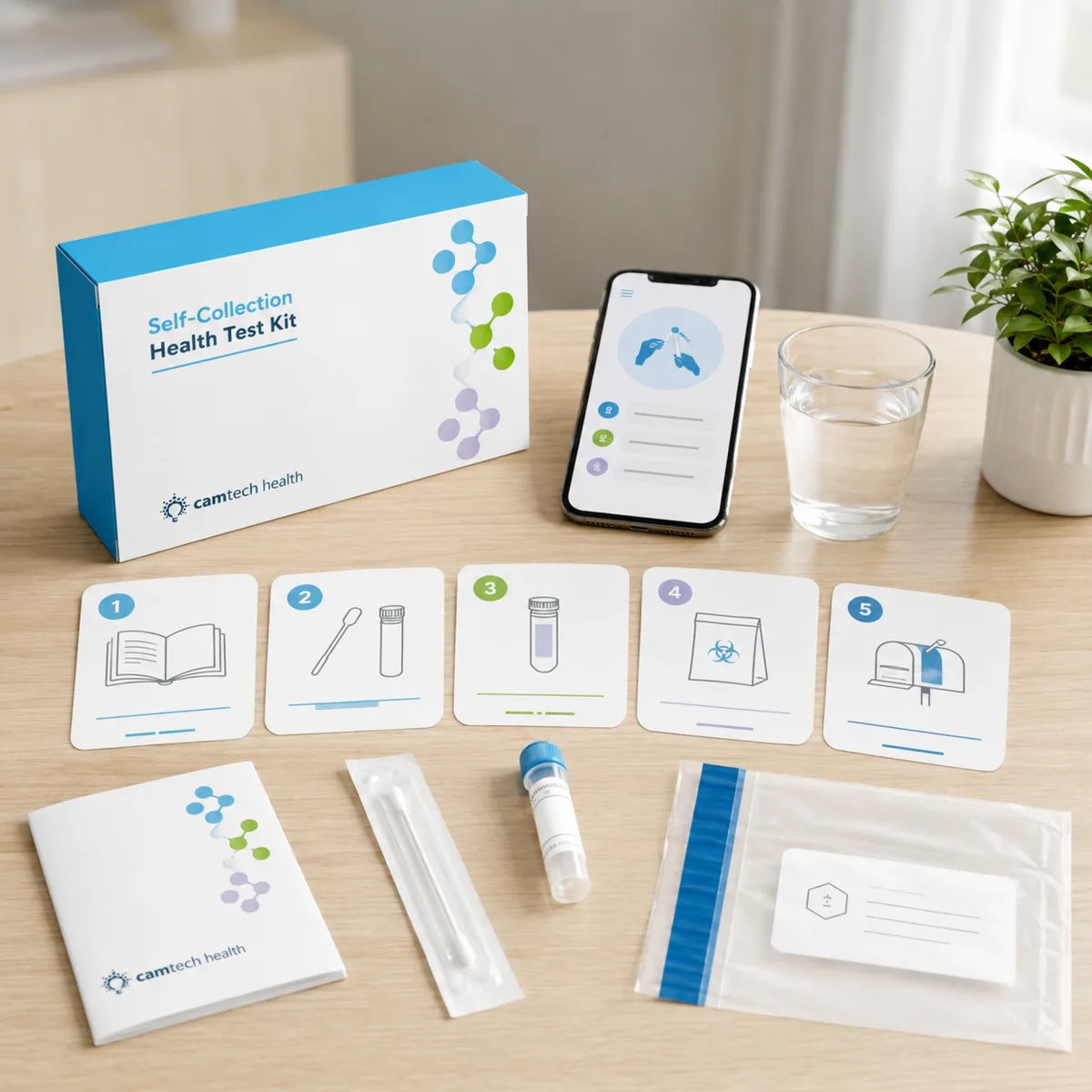 Self-collection health test kit on a table beside five numbered step cards for instructions, collection, labelling, sealing and return