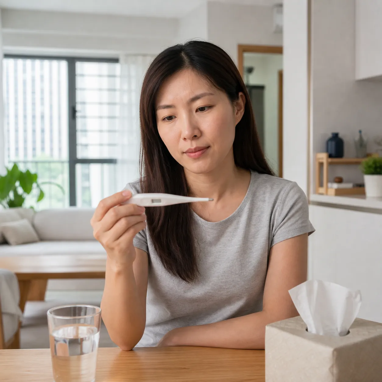 Woman at home checking a thermometer reading at her dining table with a glass of water and tissues nearby