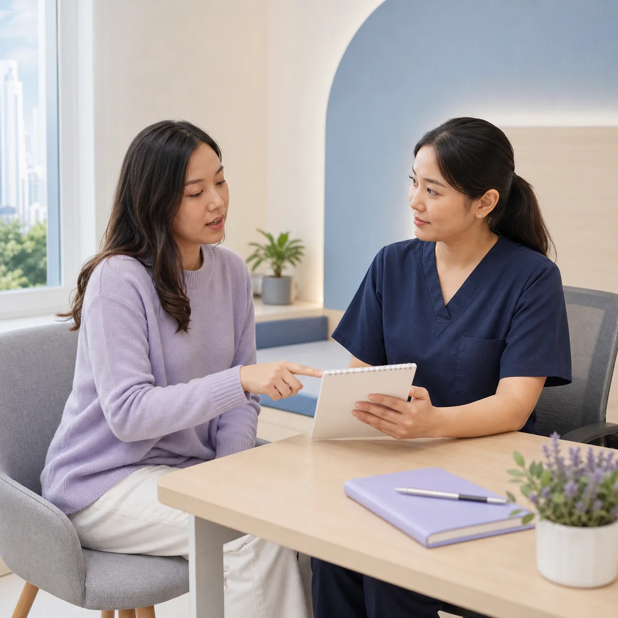 Adult woman discussing when to get a symptom checked with a healthcare professional