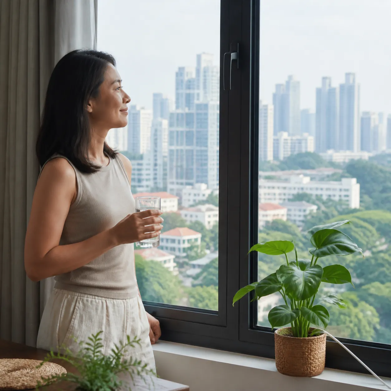 Woman standing at an apartment window looking out over a hazy Singapore skyline