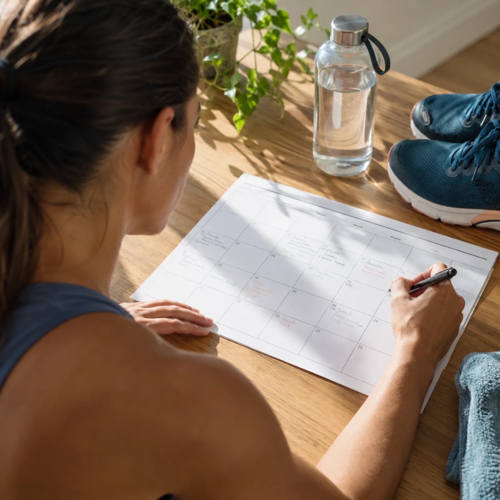 Woman planning her weekly training load on a paper calendar with trainers and a water bottle nearby
