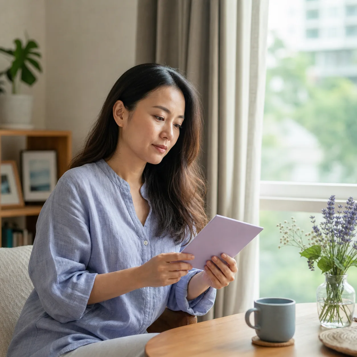 Adult woman reviewing a blank health note in a bright home